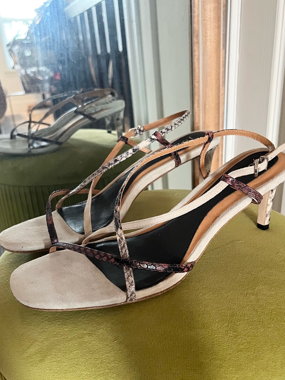 Joie Beige Suede Sandals with Snake-Print Straps